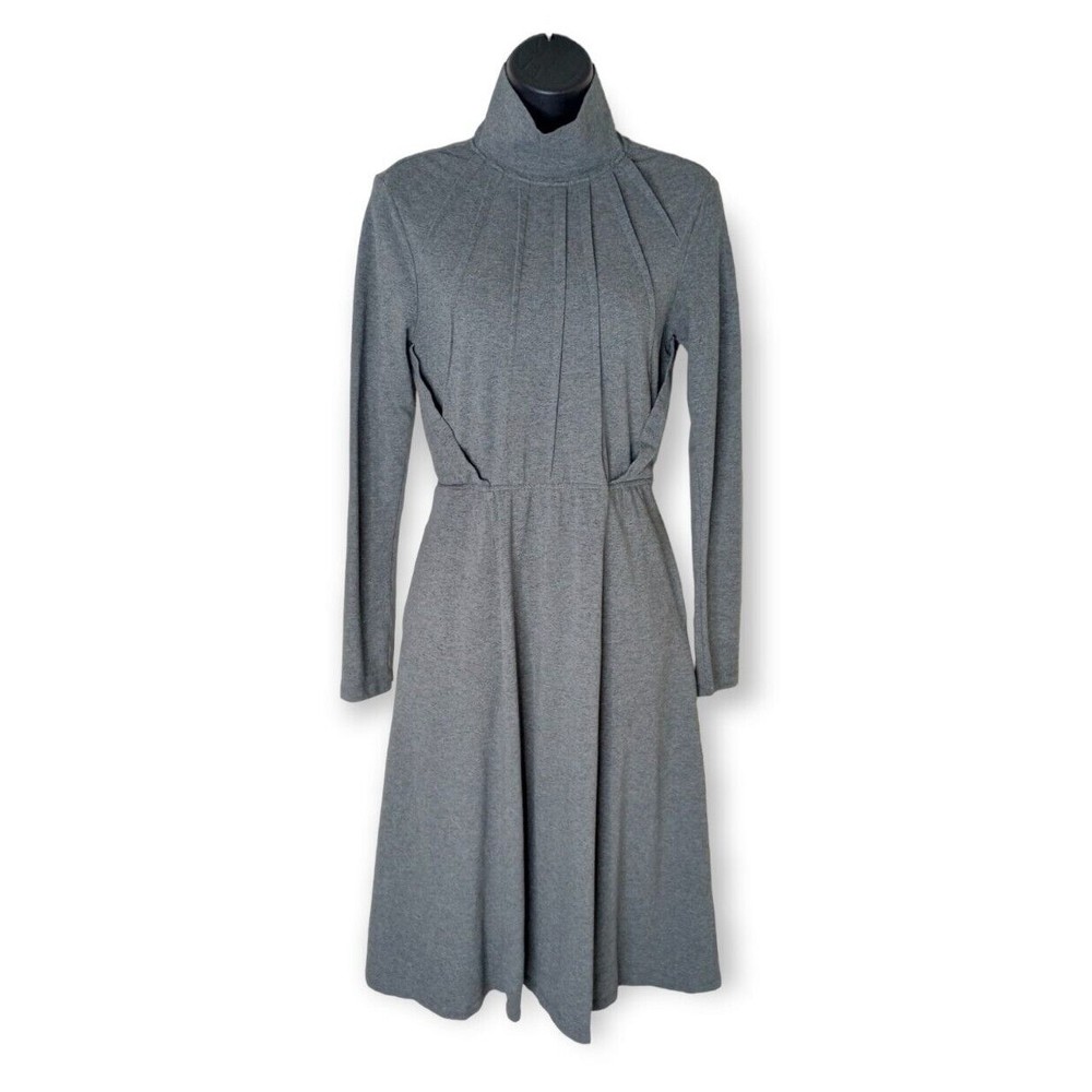 eShakti Women's Medium Gray Jersey Knit Pleated Dress High Neck Midi Length
